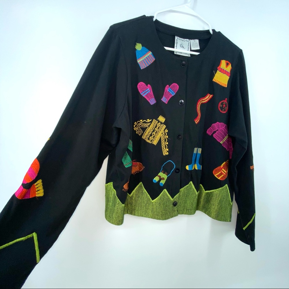 Michael Simon Embroidered "Theme" Button Up cotton Cardigan Sz Large